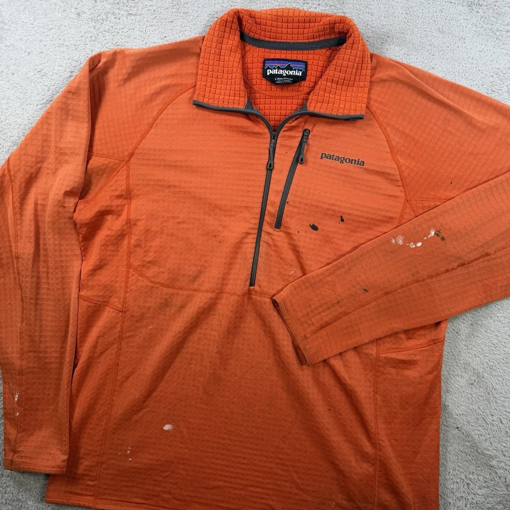 Patagonia Pullover Mens Large Orange R1 Grid Fleece Polartec 1/4 Zip Midlayer